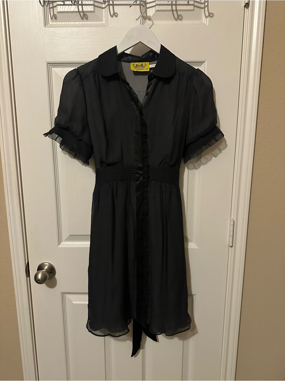 Y2K Juicy Couture Black Charcoal Chiffon Ruffle-Trim Button Front Dress
